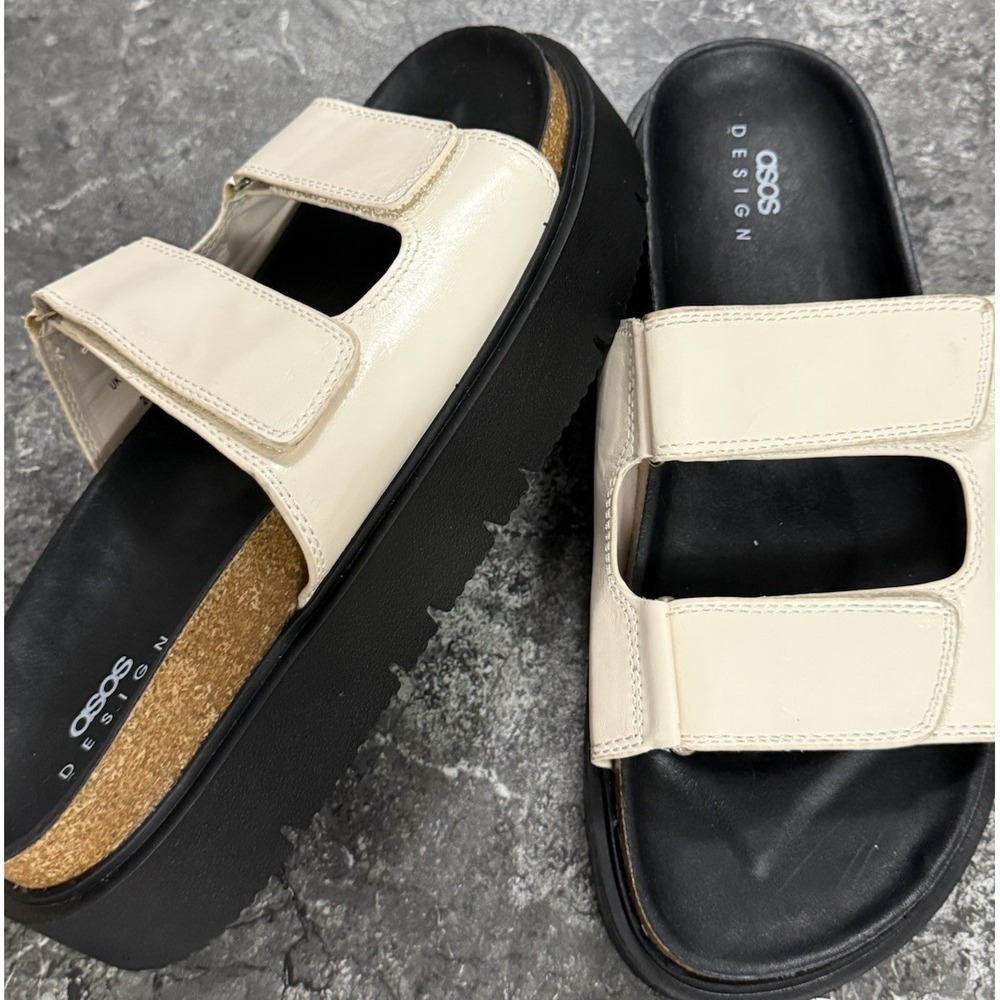 ASOS Womens Double Strap Flatform Sandals Chunky Slides Cream Sz 10